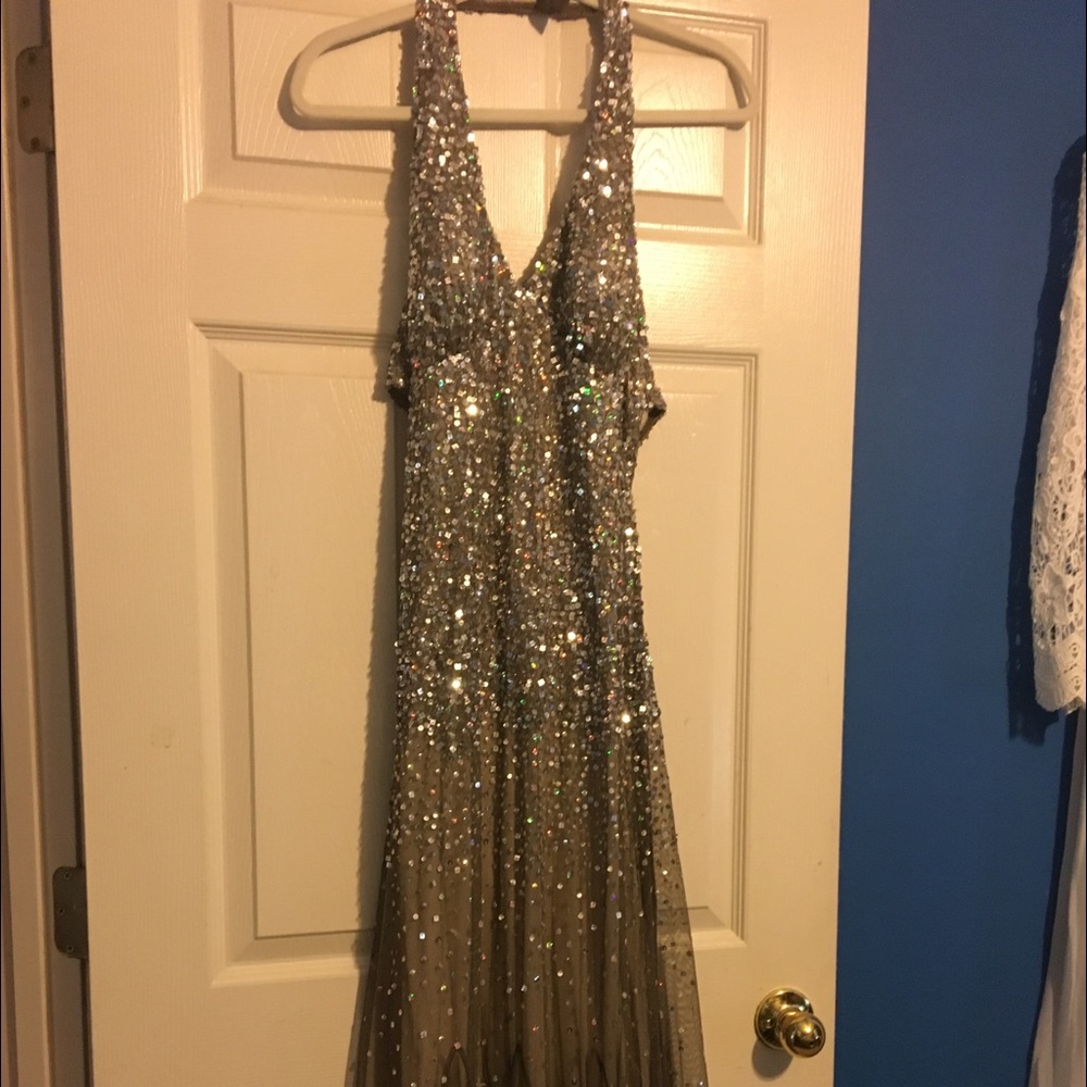 Sliver and gold tinted long v neck dress